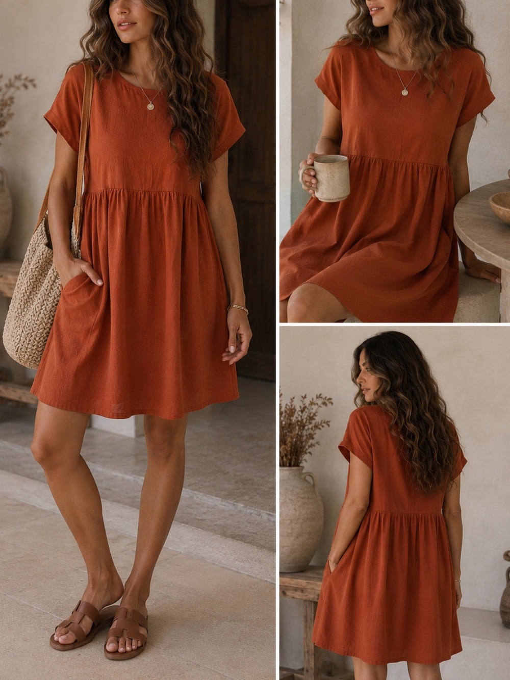 Women's Rust Short Sleeve Babydoll Dress